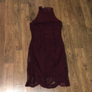 High Neck, Maroon Midi Dress